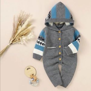 Gray And Blue Knit Sweater Hoodies Baby Romper